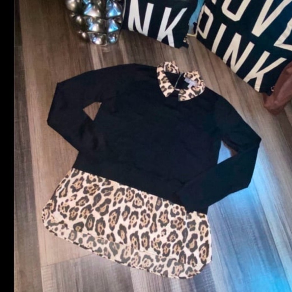MARBLE Black and Leopard Print Zippered Top